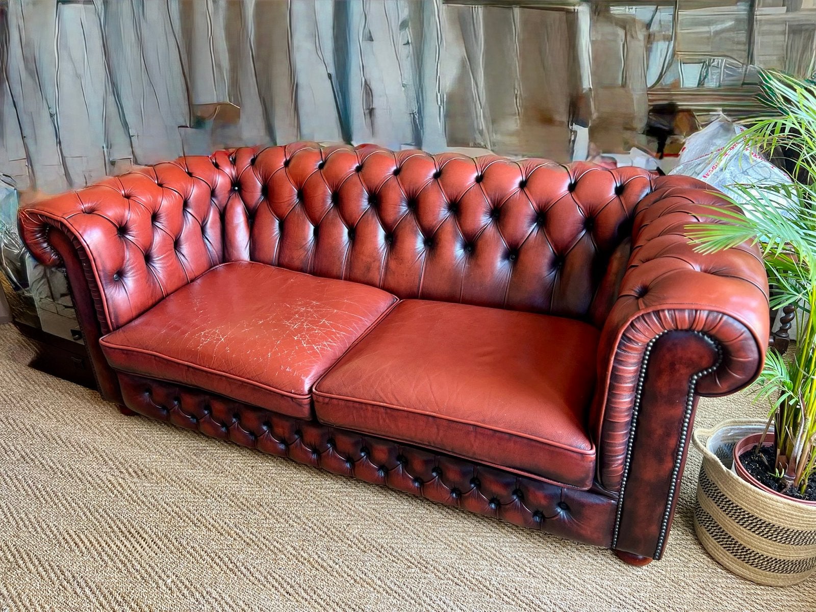 Chesterfield bank rood leer 2,5 zits, Ophalen, Gebruikt, 150 tot 200 cm, Tweepersoons