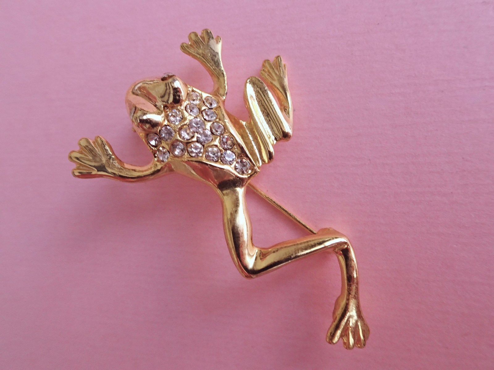 jwg Vintage 70s 80s kikker broche strass goud klr verguld, Sieraden, Tassen en Uiterlijk, Antieke sieraden, Broche, Overige materialen