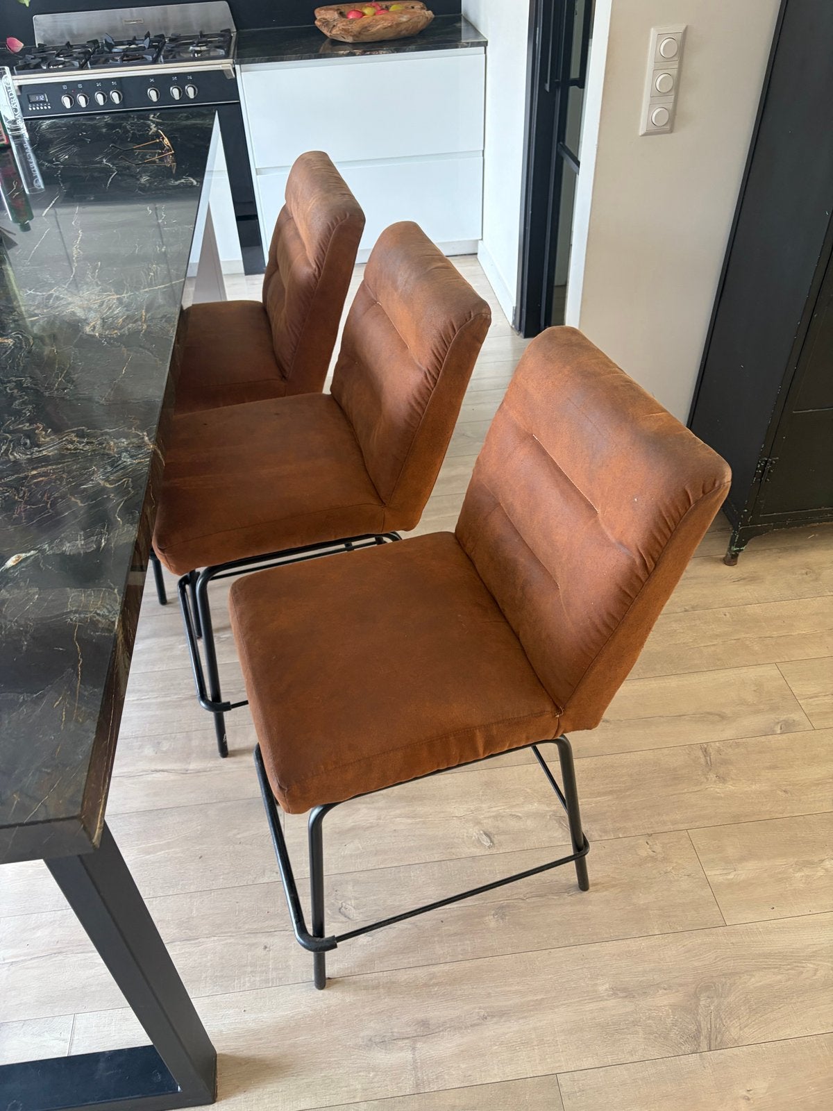 3 barkrukken + bank!, Ophalen, Gebruikt, Met voetsteun, 60 tot 90 cm