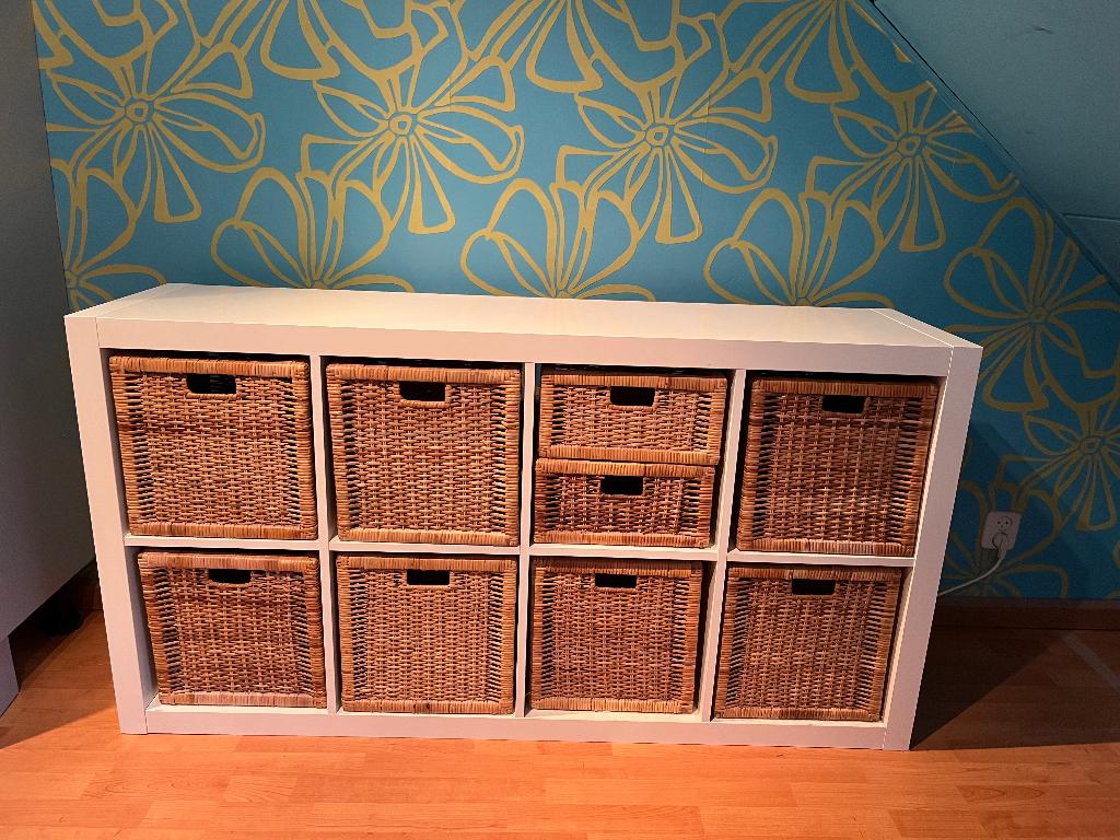 Ikea Kallax Open kast, wit 77x147cm + 9 Rotan manden(Branas), Ophalen, Zo goed als nieuw