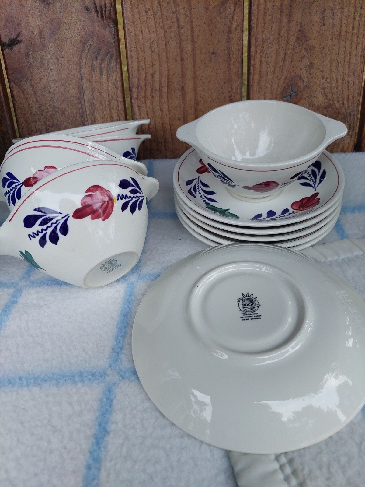 Set van 6 Boch boerenbont soepkommen met schotels, Antiek en Kunst, Ophalen