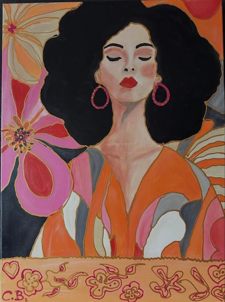 Schilderij met vrouw en bloemen, Ophalen of Verzenden