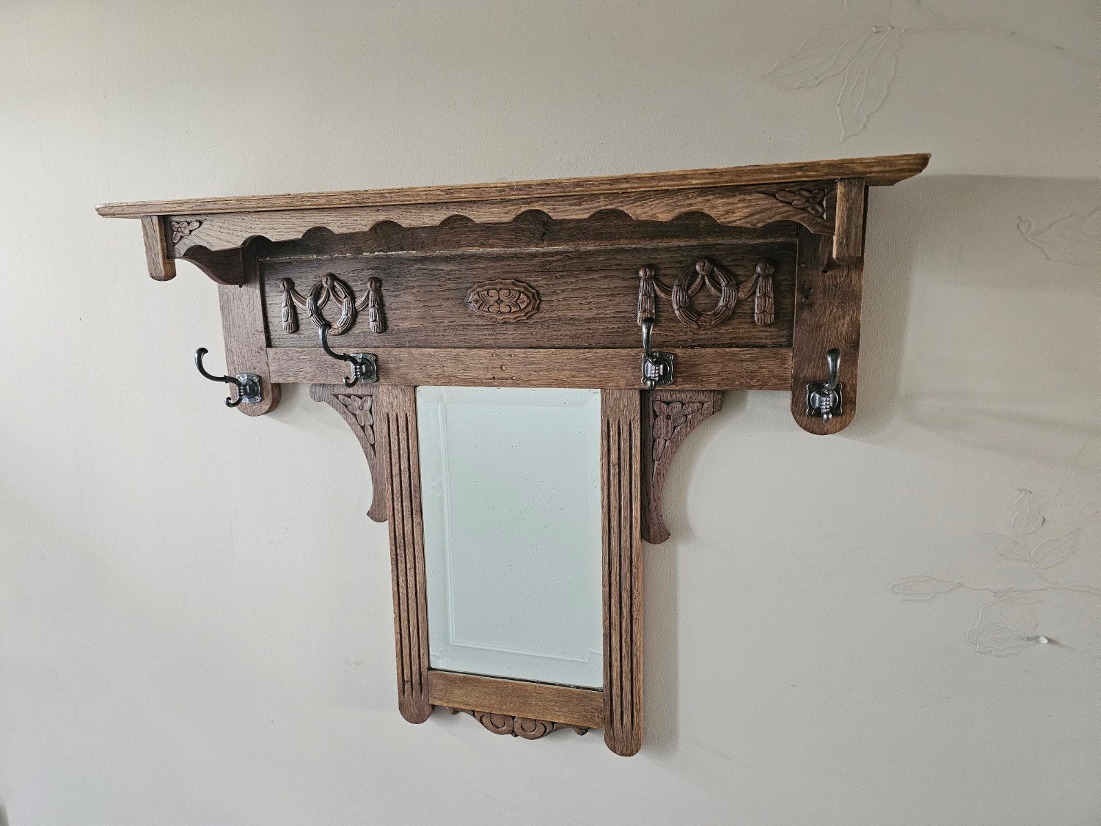 Antieke houten wandkapstok met spiegel, Huis en Inrichting, Woonaccessoires | Kapstokken, Gebruikt, Minder dan 100 cm, Hout, Ophalen