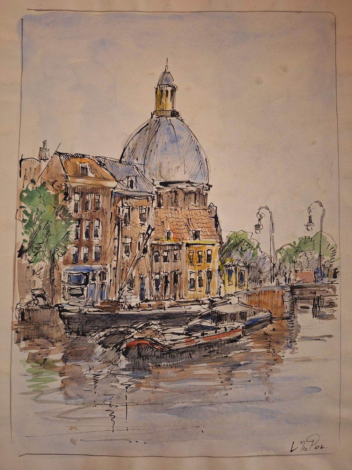 Aquarel Amsterdam door Louis van der Pol, Origineel werk, Realistisch, Ophalen of Verzenden, Aquarel