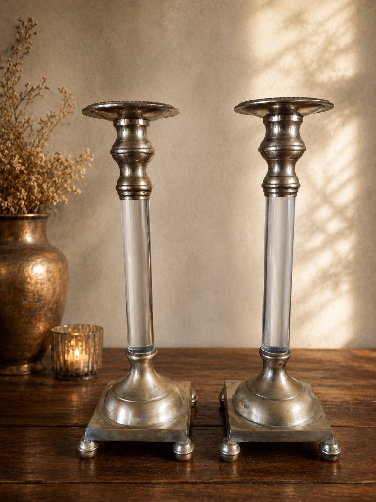 Kandelaars 2x van messing en lucite, vintage, Huis en Inrichting, Woonaccessoires | Kandelaars en Kaarsen, Overige materialen