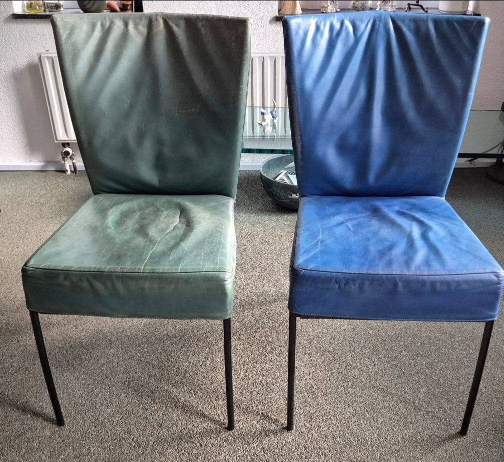 Montis spica eetkamerstoelen 4, Ophalen, Gebruikt, Blauw, Leer