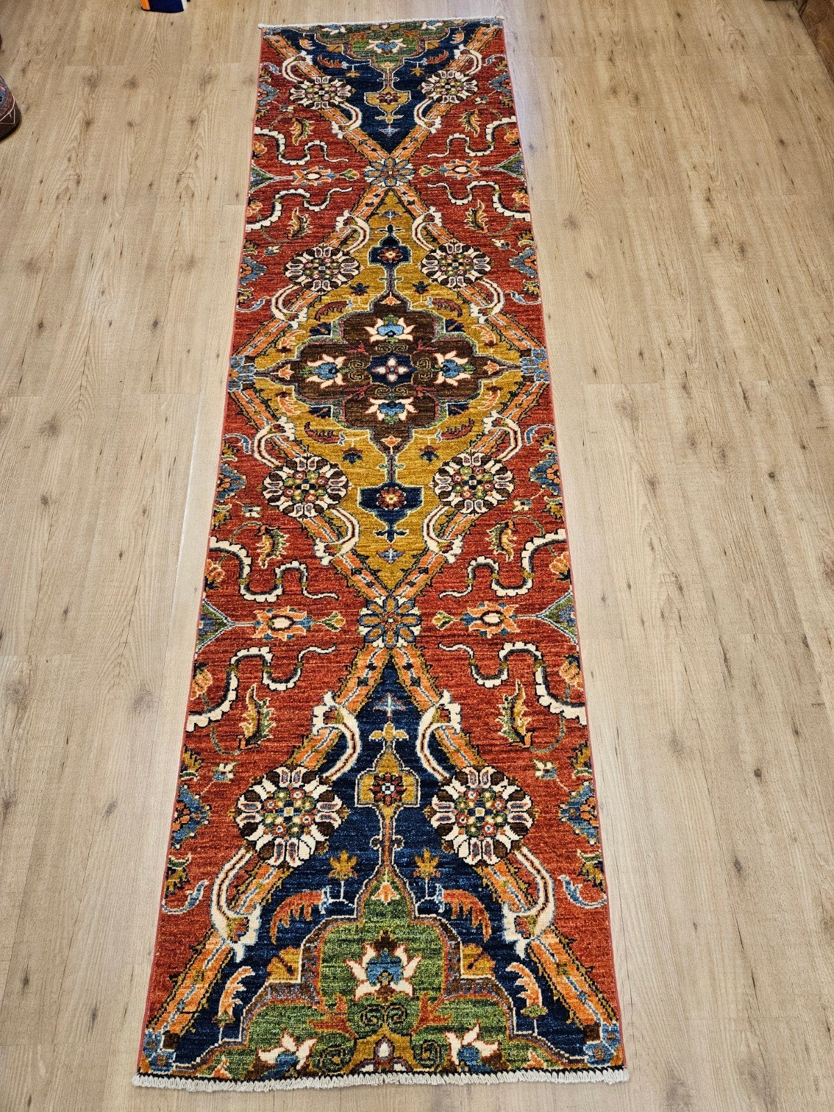 Handgeknoopt oosters tapijt loper kazak super 303x80, Info@SlatsAntiek.nl, Perzisch, Geel, Vof Slats Antiek