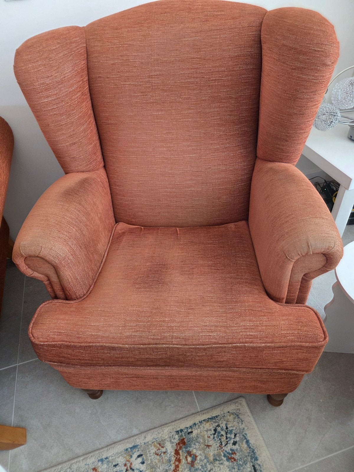 Comfortabele fauteuil in oranje stof, Ophalen, Gebruikt, Klassiek, 75 tot 100 cm