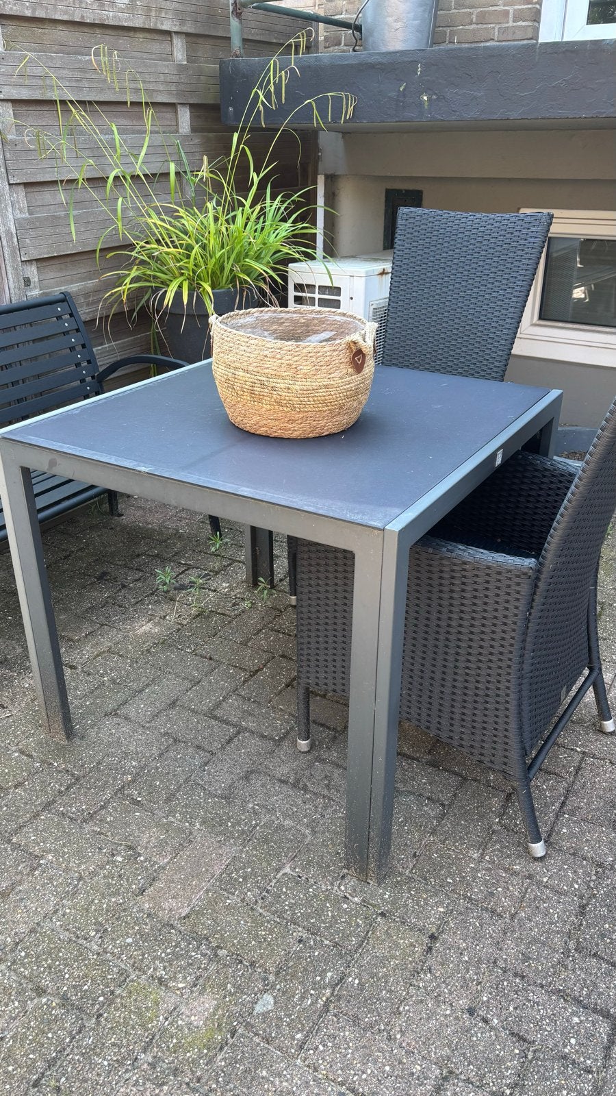 Antraciet Tuintafel 90x90 cm met Stalen Frame en Glasplaat, Ophalen, Gebruikt, Vierkant, Metaal
