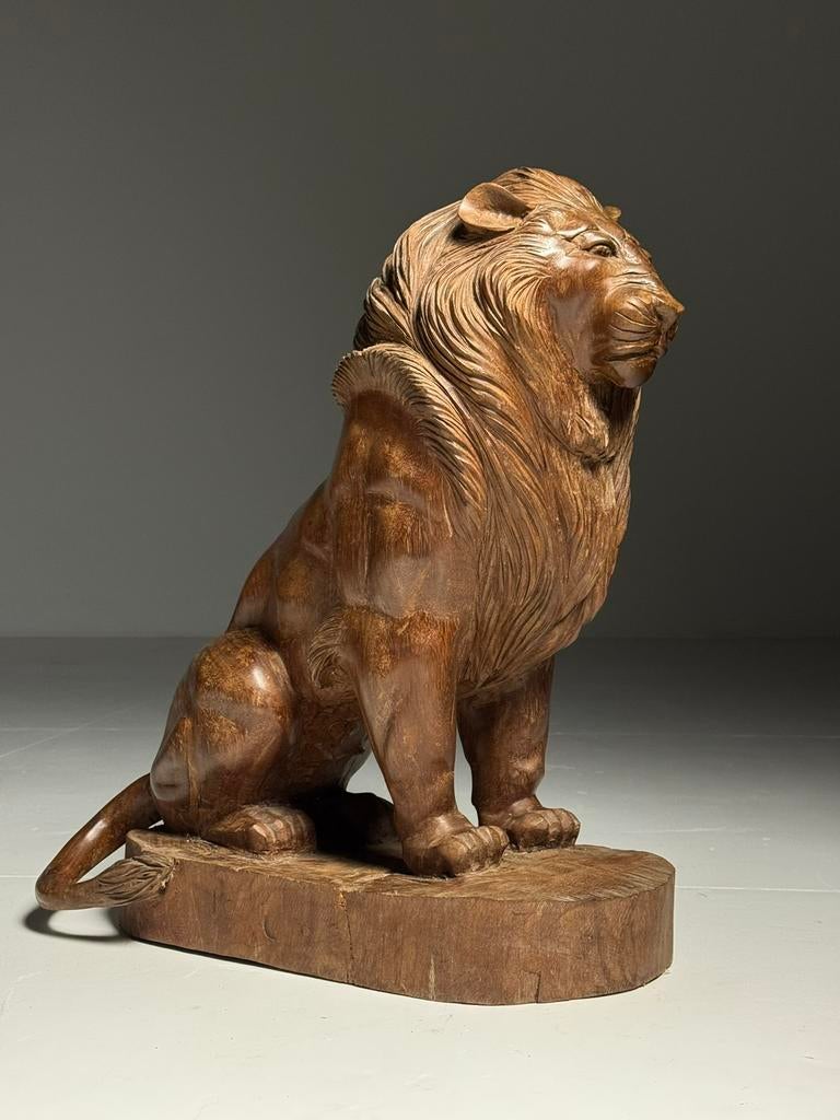 Groot beeld leeuw 20e eeuw teak, Antiek en Kunst, Kunst | Beelden en Houtsnijwerken, Ophalen