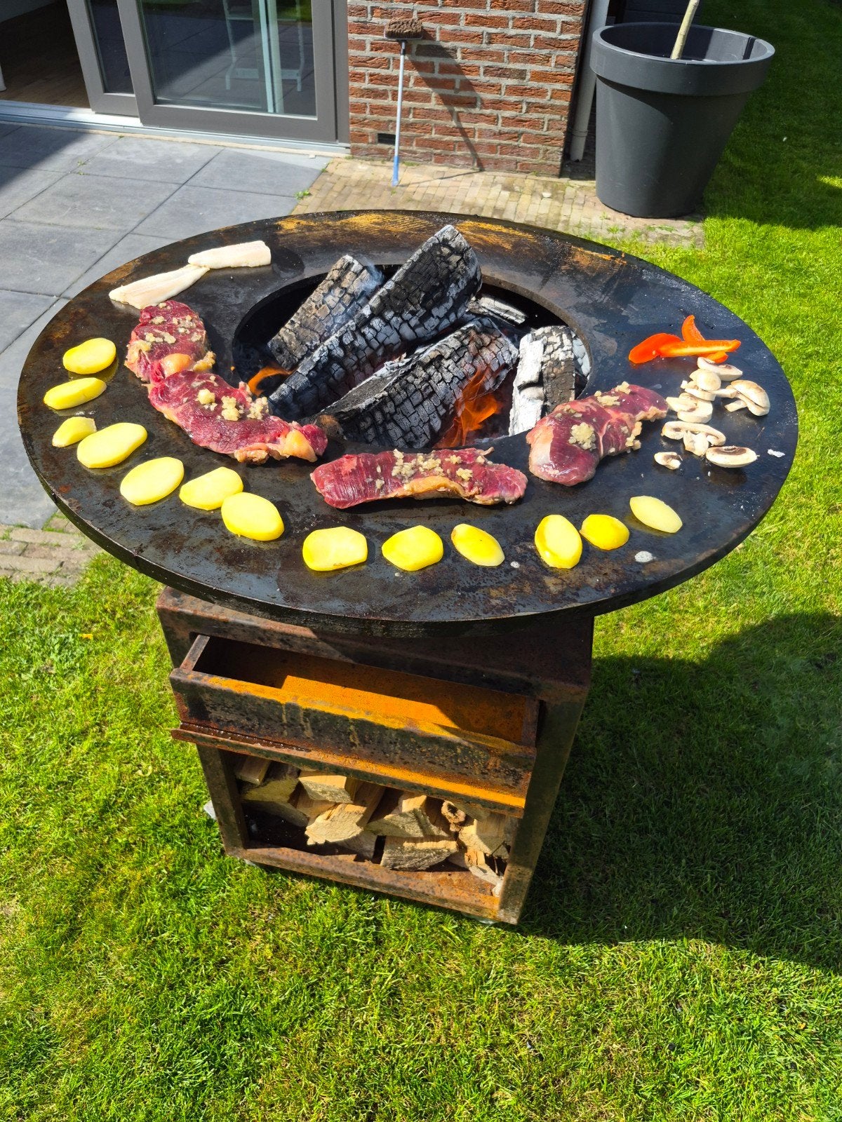Plancha vuurschaal cortenstaal vuurbraai grillring barbecue, Ophalen, Gebruikt