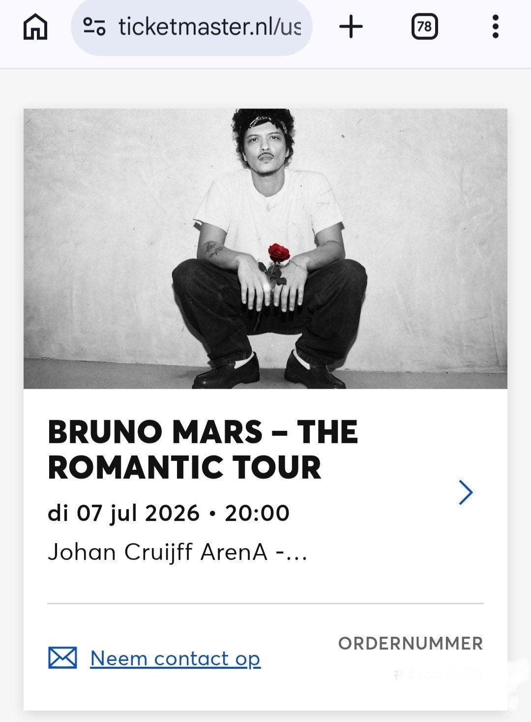 Bruno Mars Platinum Top Tickets 7 Juli - Vak 119 - Rij 7, Tickets en Kaartjes, Concerten | Pop, Twee personen, Juli