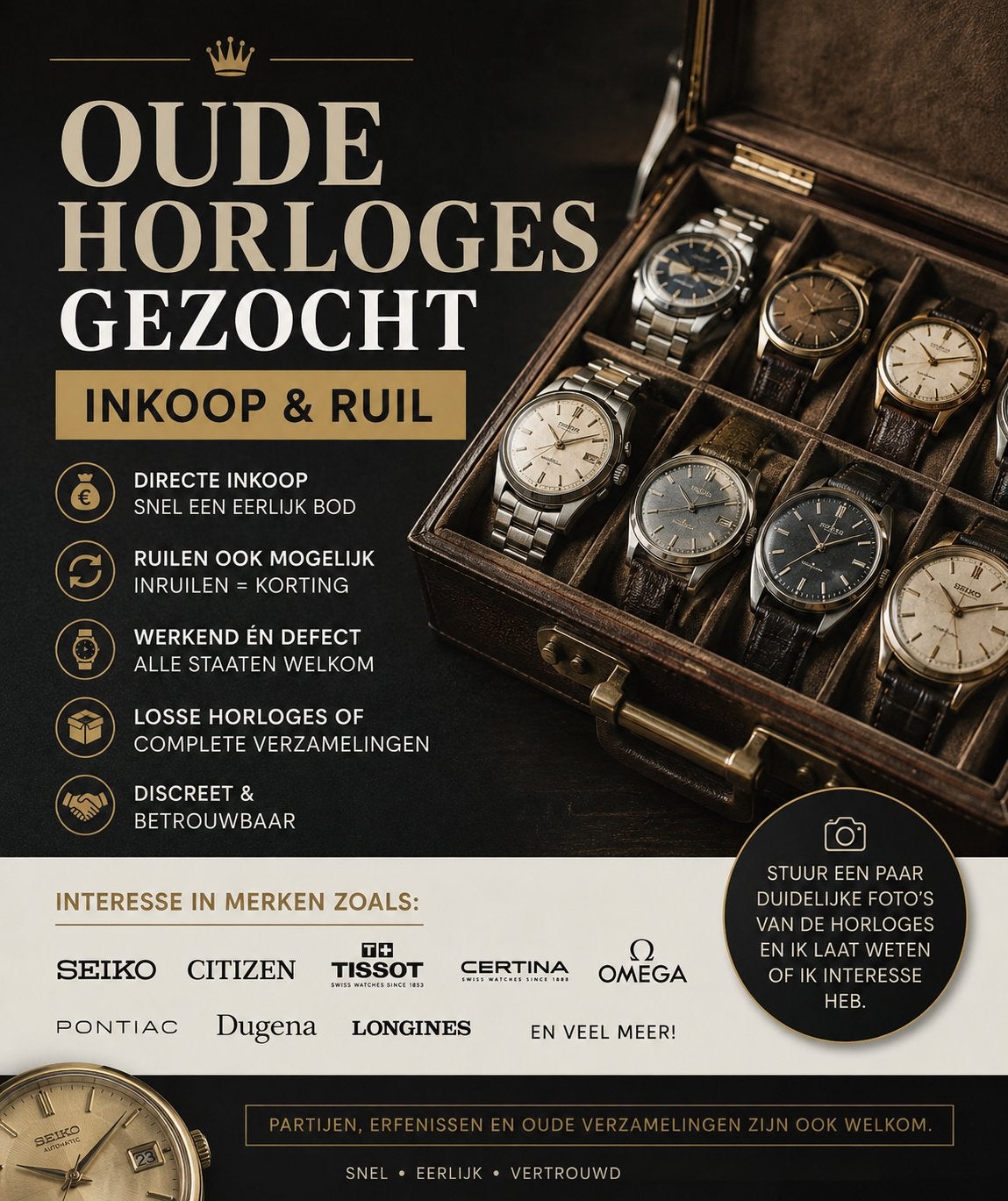 OUDE HORLOGES GEZOCHT – INKOOP & RUIL, Ophalen, Met bandje, Polshorloge, Onbekend