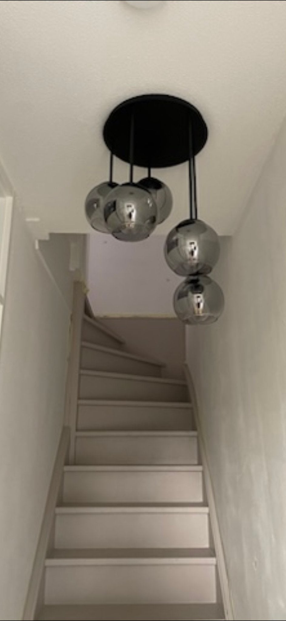 Smokey glazen hanglamp met 5 bollen, inclusief lampjes, Ophalen of Verzenden, Zo goed als nieuw, Glas, E27 (groot)