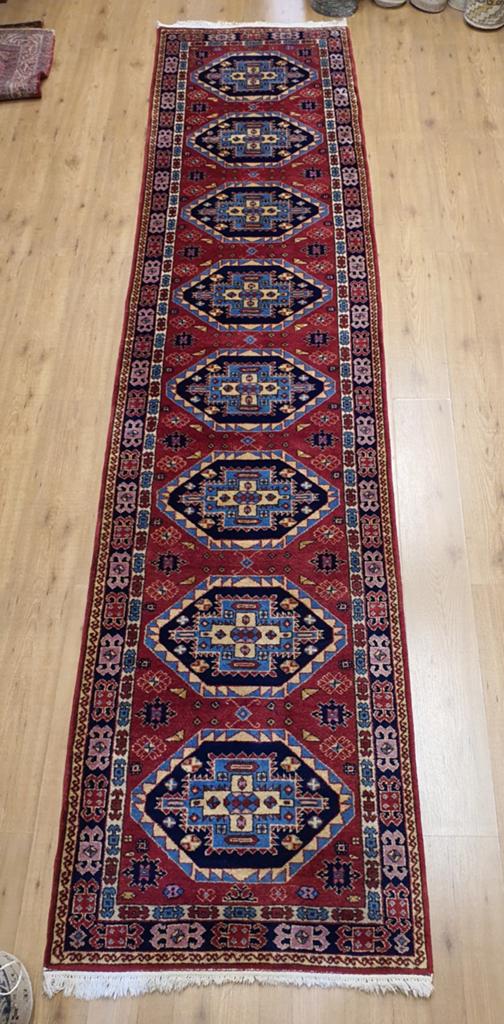 Vintage handgeknoopt perzisch tapijt loper kazak 400x90, Info@SlatsAntiek.nl, Tweedehands, Perzisch, 200 cm of meer