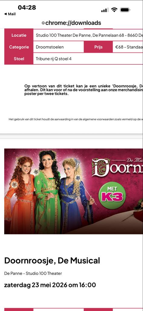 Doornroosje K3 23 mei 16:00 2 tickets, Twee personen, Mei