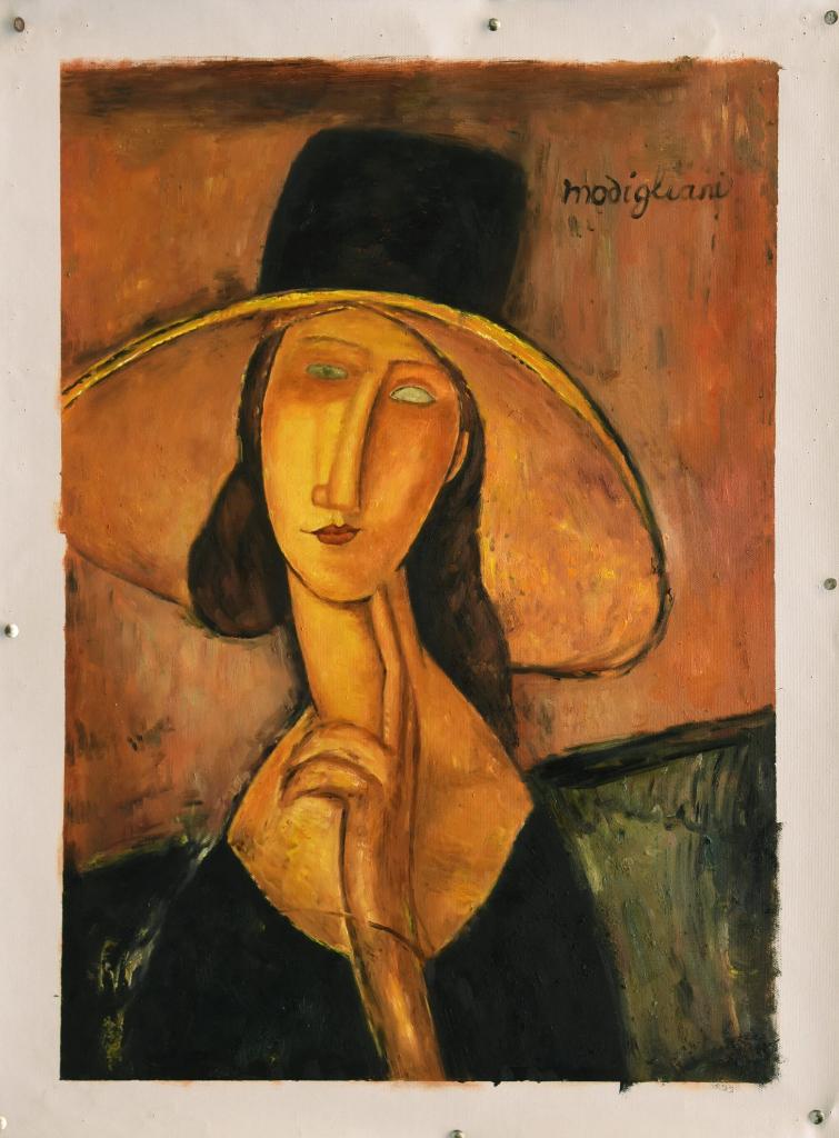 Olieverf replica Modigliani: Jeanne met grote hoed, Antiek en Kunst, Kunst | Schilderijen | Klassiek, Verzenden