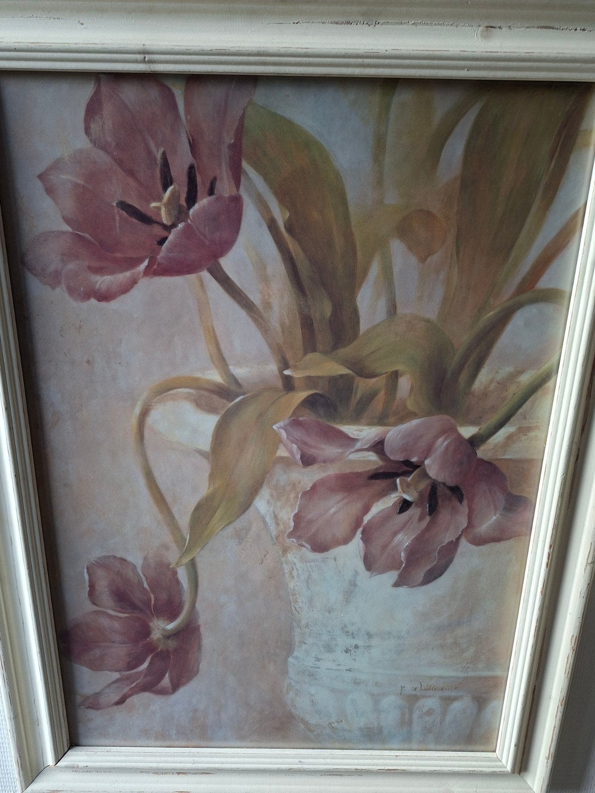Schilderij met tulpen in vaas - Klassiek bloemstilleven, Doek, Olieverf, Klassiek, Ingelijst