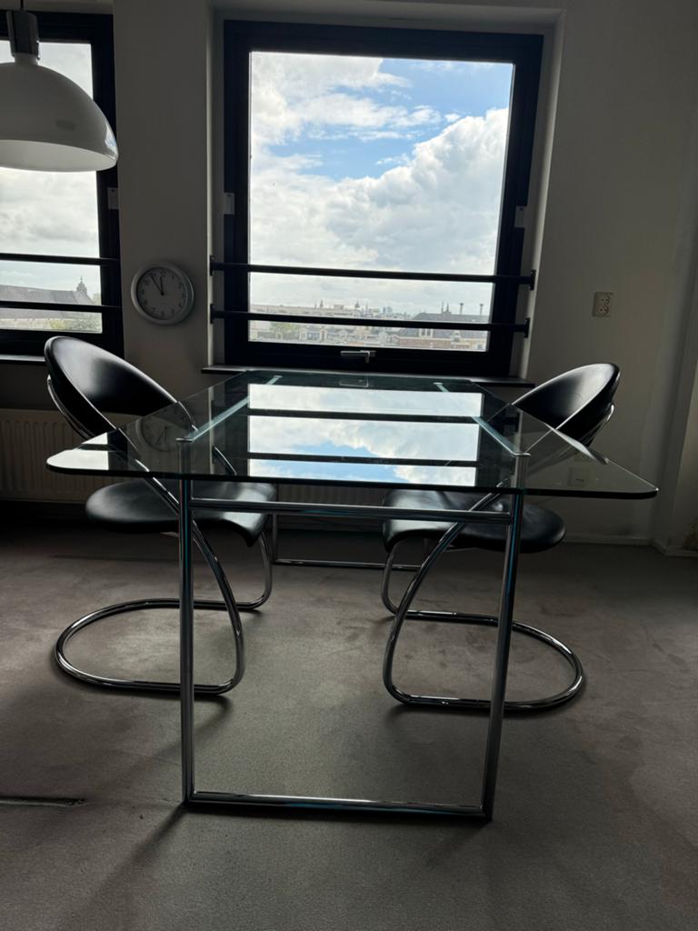 Gispen Glazen Eettafel Met Chromen Onderstel Design, Huis en Inrichting, Tafels | Eettafels, Ophalen, Gebruikt, 100 tot 150 cm