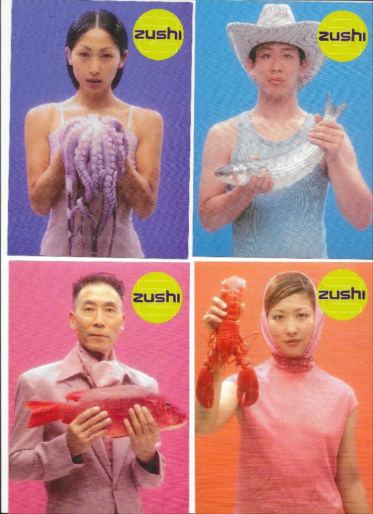 4xZushi reclamekaart voor restaurant Amsterdam € 4,00, Verzenden, 1980 tot heden, Ongelopen, Overige thema's
