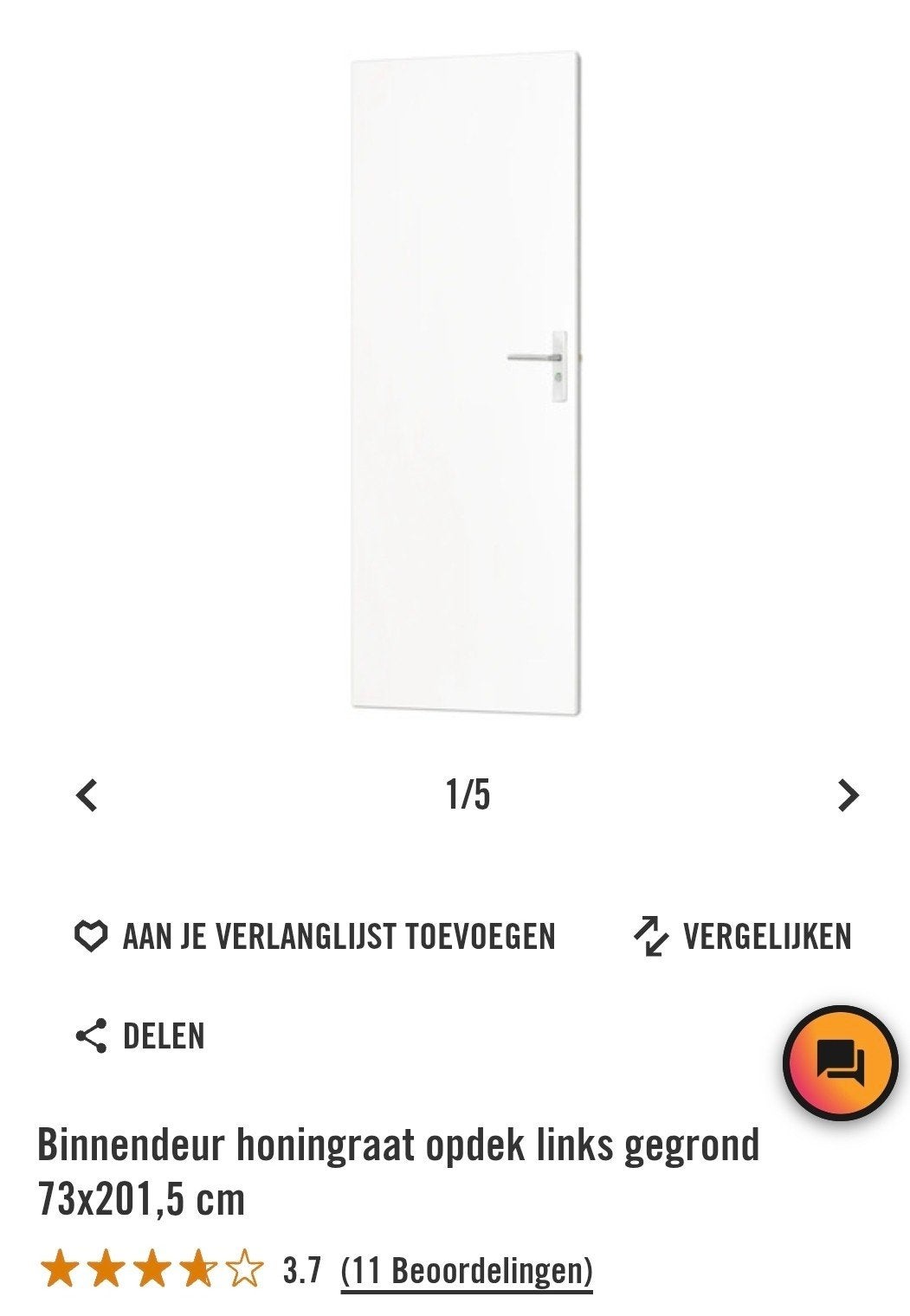 Binnendeur opdek links gegrond 73x201,5 cm, Doe-het-zelf en Verbouw, Deuren en Horren, Ophalen, Minder dan 80 cm, Binnendeur, Nieuw