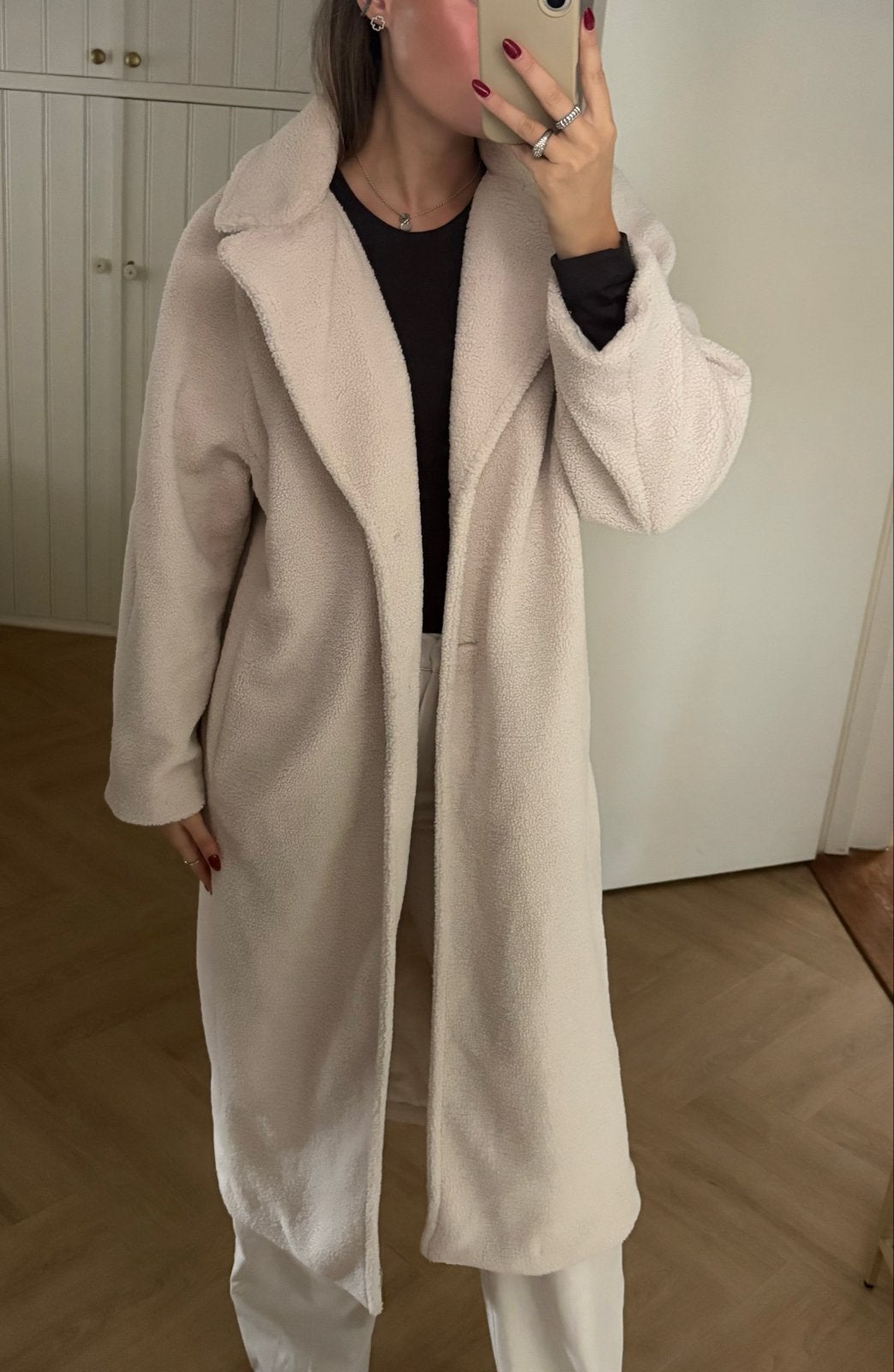 Lange faux fur teddy mantel - Maat M, Ophalen of Verzenden, Zo goed als nieuw, Maat 38/40 (M), Beige