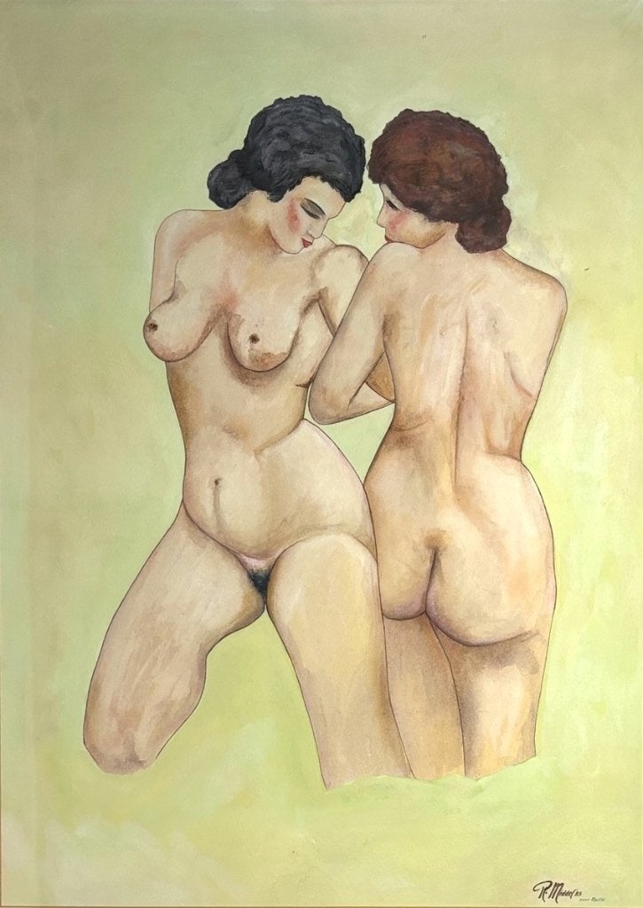 884. Aquarel, R. Middel – naakte vrouwen, 1985, Antiek en Kunst, Ophalen of Verzenden, Aquarel, Figuren