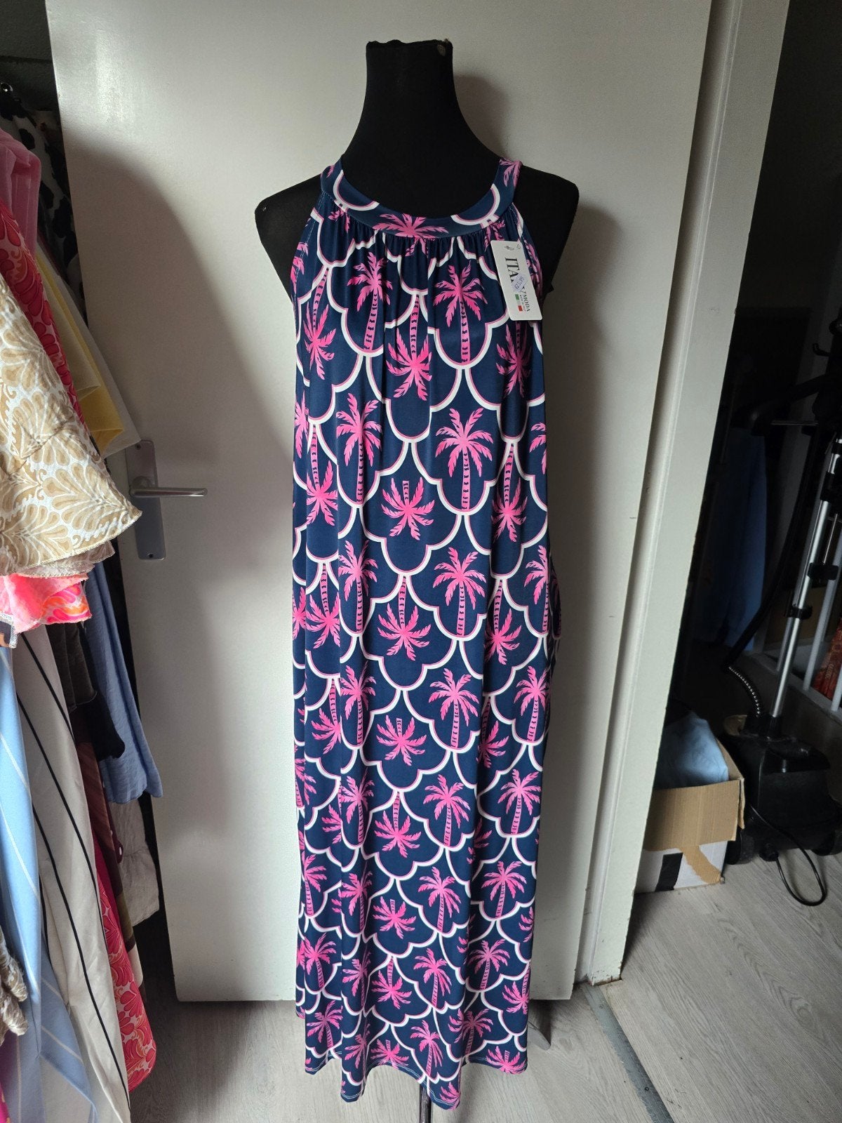 dames halter travelstof jurk, Ophalen of Verzenden, Nieuw, Maat 42/44 (L), Onder de knie