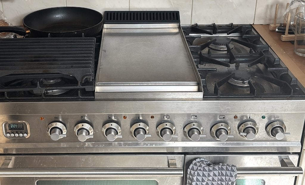 Boretti VFP94IXG gasfornuis 90 cm RVS - fry-top & draaispit, Gebruikt, 60 cm of meer, Gas, Vrijstaand