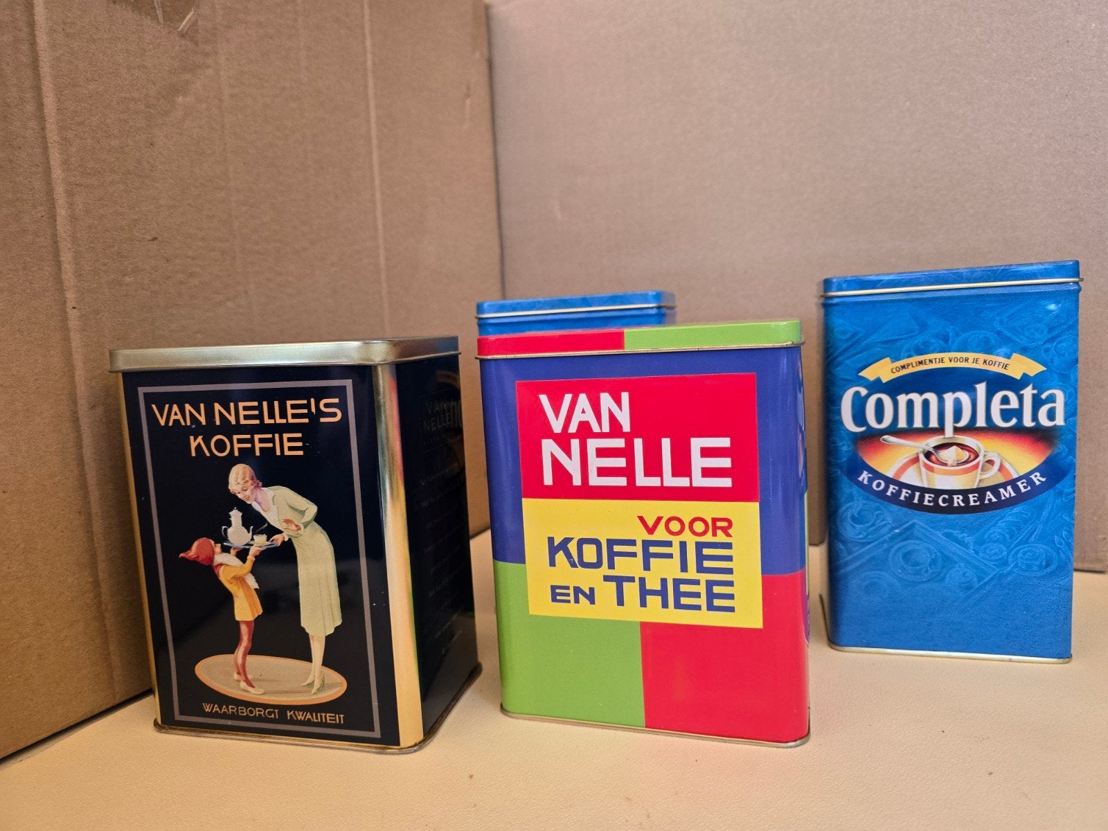 Vintage Van Nelle en Completa blikken - Set van 4, Ophalen of Verzenden, Gebruikt, Koffie, Van Nelle