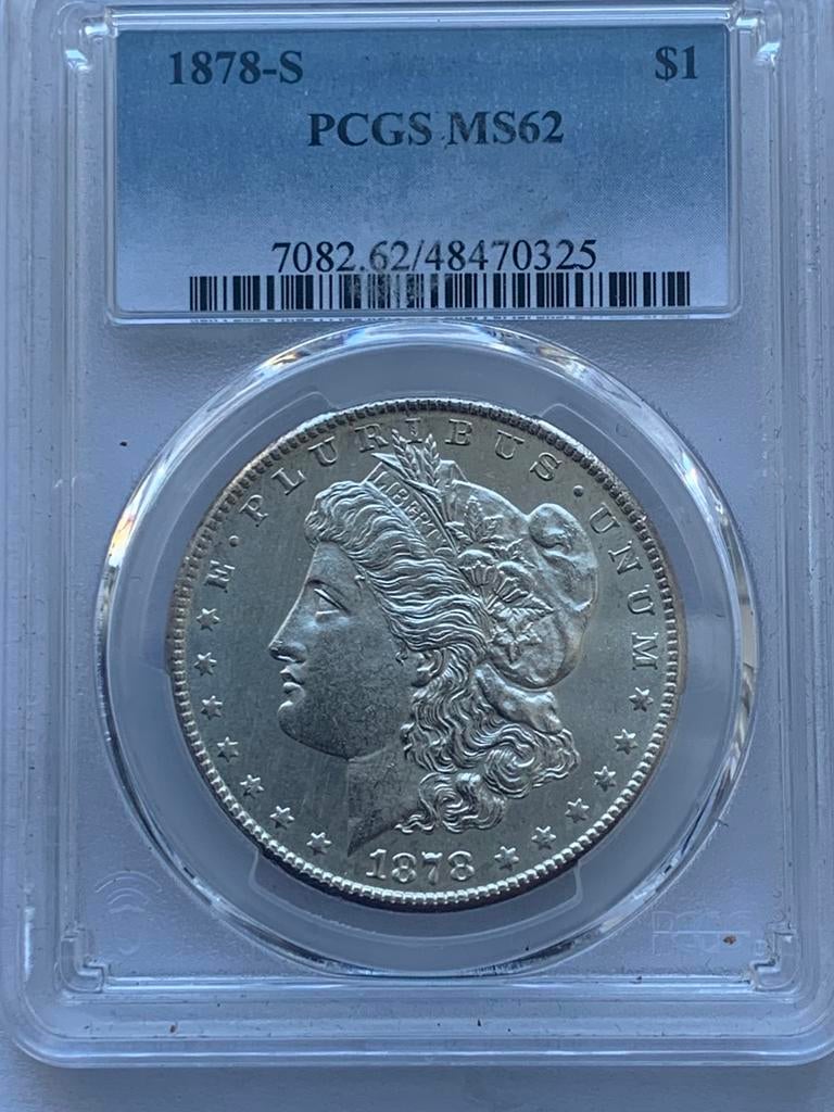 Prachtige Zilveren morgan dollar 1878-s in slab ms62, Ophalen of Verzenden, Noord-Amerika