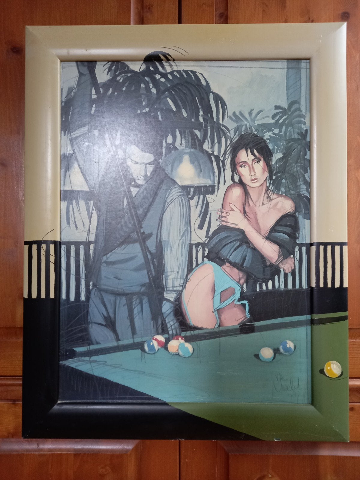 Schilderij "8 Ball- Zijzak" uit 1989 van Nico Vrielink., Origineel werk, Doek, Realistisch, Ophalen of Verzenden