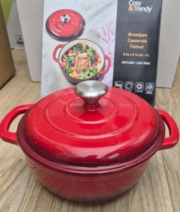 Cosy&Trendy Gietijzeren Braadpan - Rood, 24cm, 3L, Nieuw, Ophalen of Verzenden, Met deksel, Overige merken