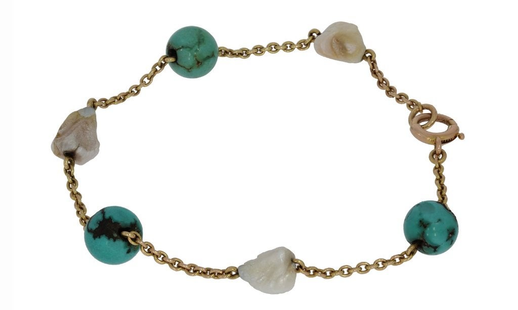 Turkoois 14k gouden anker schakel armband edelsteen vintage, Voordeelsieraden, Ophalen of Verzenden, Zo goed als nieuw, Met edelsteen