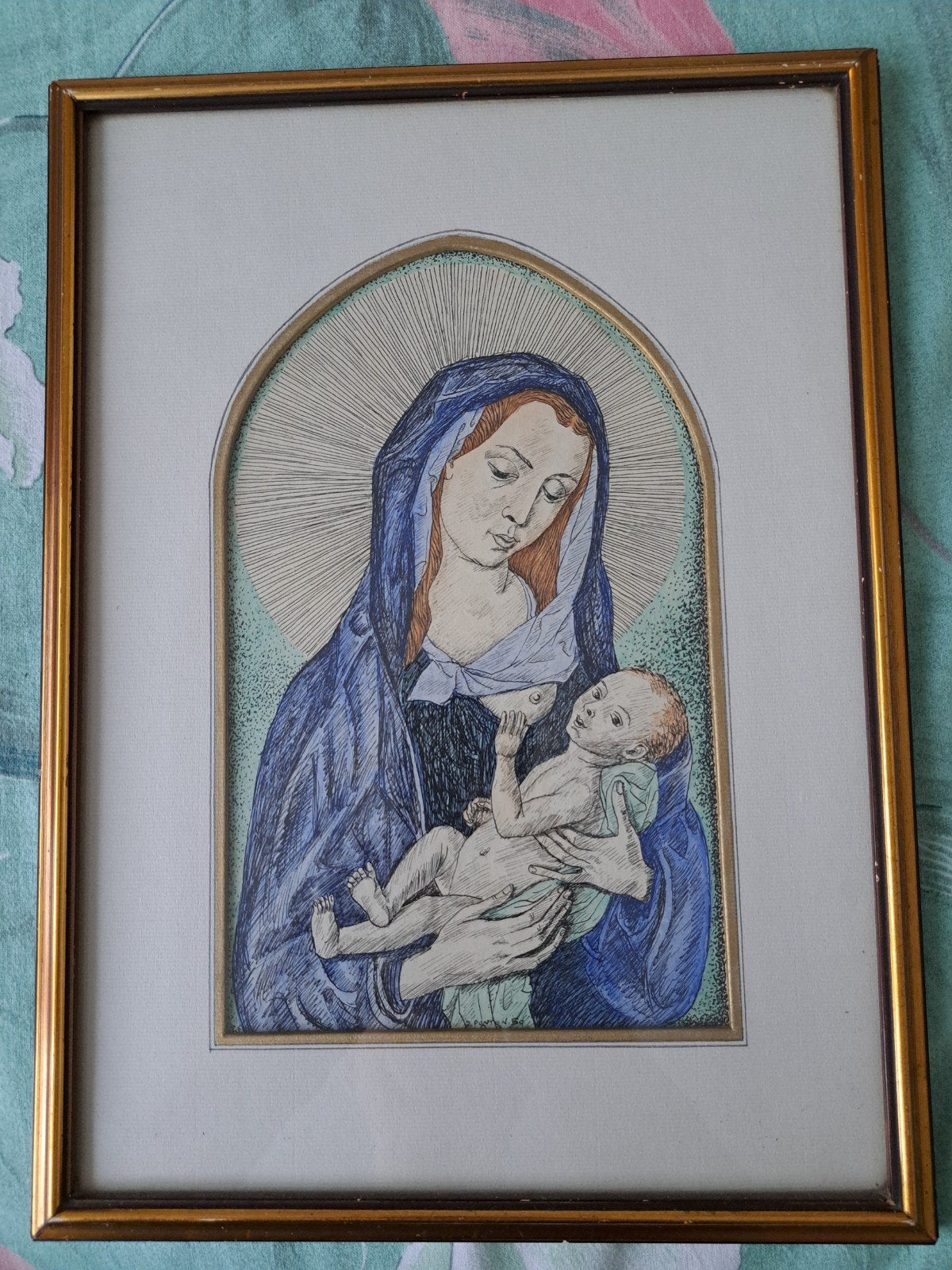 Ingelijste Madonna met Kind - Religieuze Ets, Antiek en Kunst, Kunst | Etsen en Gravures, Ophalen, Ingelijst, Ets, Religie