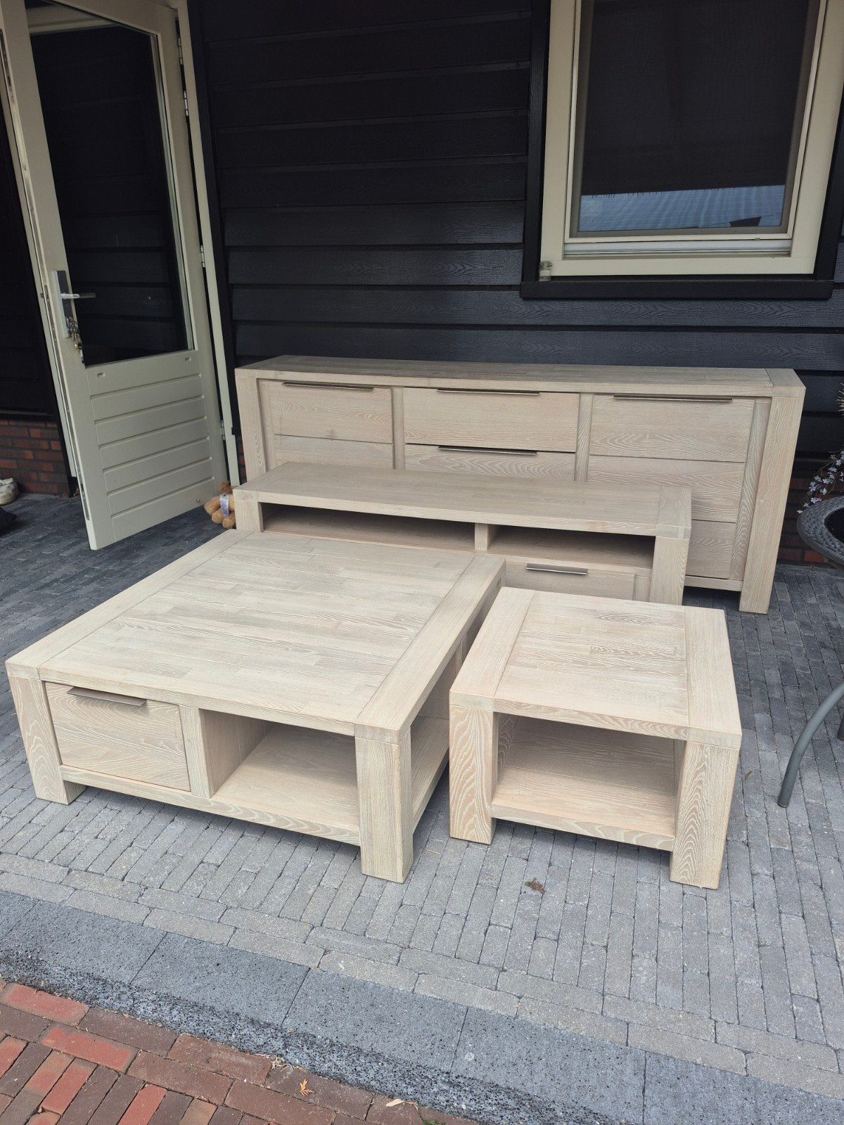 Massief houten 4-delige meubelset Whitewash, Huis en Inrichting, Kasten | Dressoirs, Ophalen, Gebruikt, Met deur(en), 200 cm of meer
