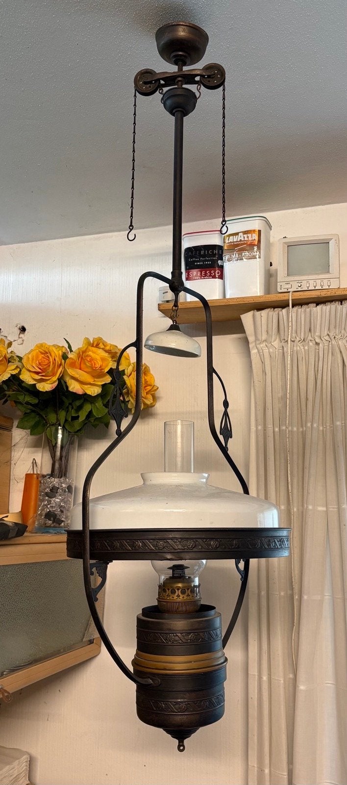 Antieke olielamp met katrolsysteem - Hanglamp, Antiek en Kunst, Ophalen of Verzenden