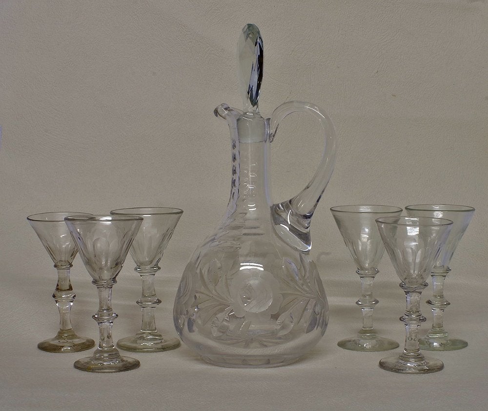 6 19e  eeuwse borrelglaasje met antieke geslepen karaff., Antiek en Kunst, Ophalen of Verzenden