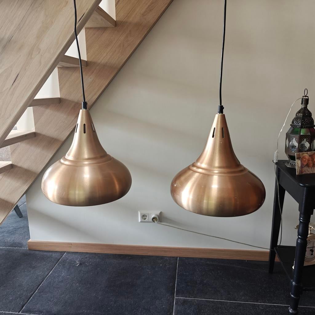 Koperkleurige Biljart Lampen Set . Vintage lampen. Mancave, Huis en Inrichting, Lampen | Hanglampen, Gebruikt, Minder dan 50 cm