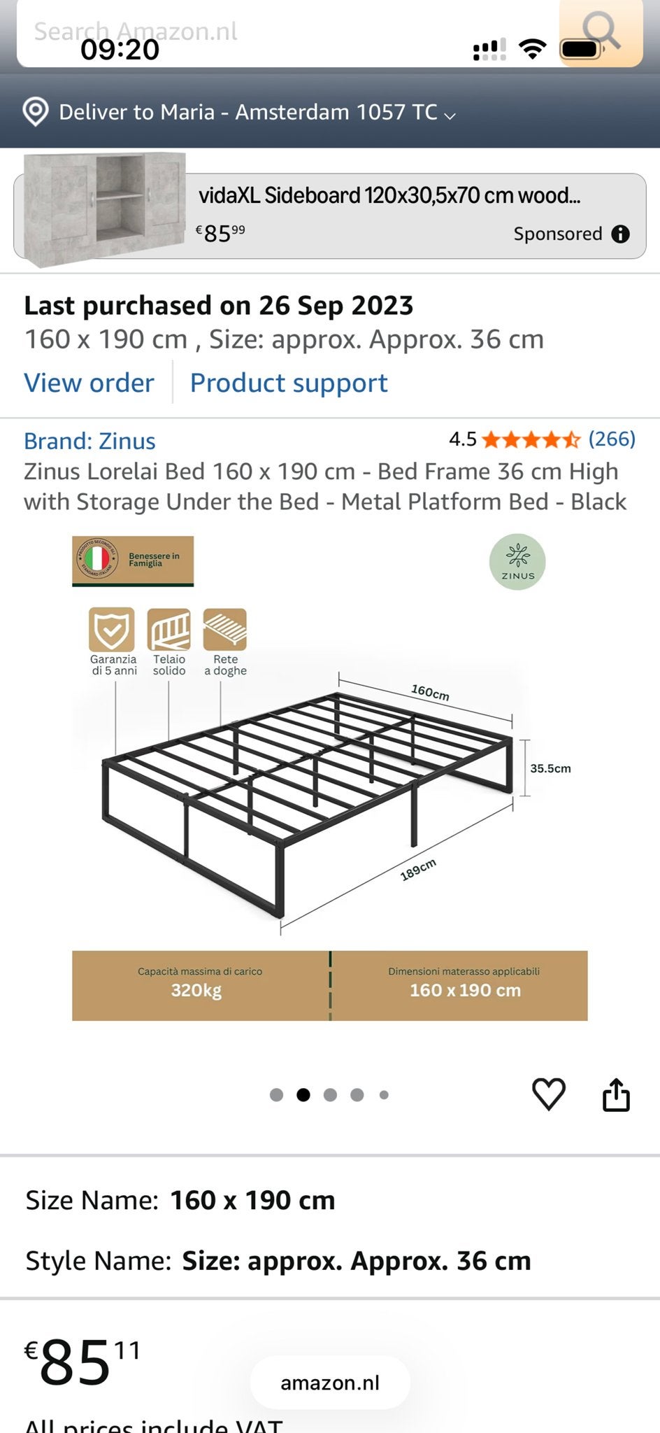 Zinus Lorelai Bed 160x190 cm - Zwart metalen bedframe, Ophalen, Gebruikt, Zwart, Tweepersoons