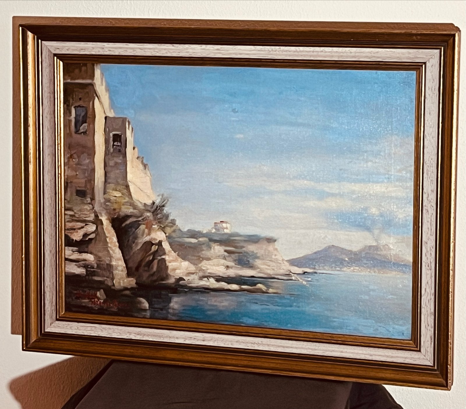 Olieverfschilderij: Kustgezicht met Vesuvius, gesigneerd, Antiek en Kunst, Maritiem / water, Doek, Realistisch, Ophalen of Verzenden