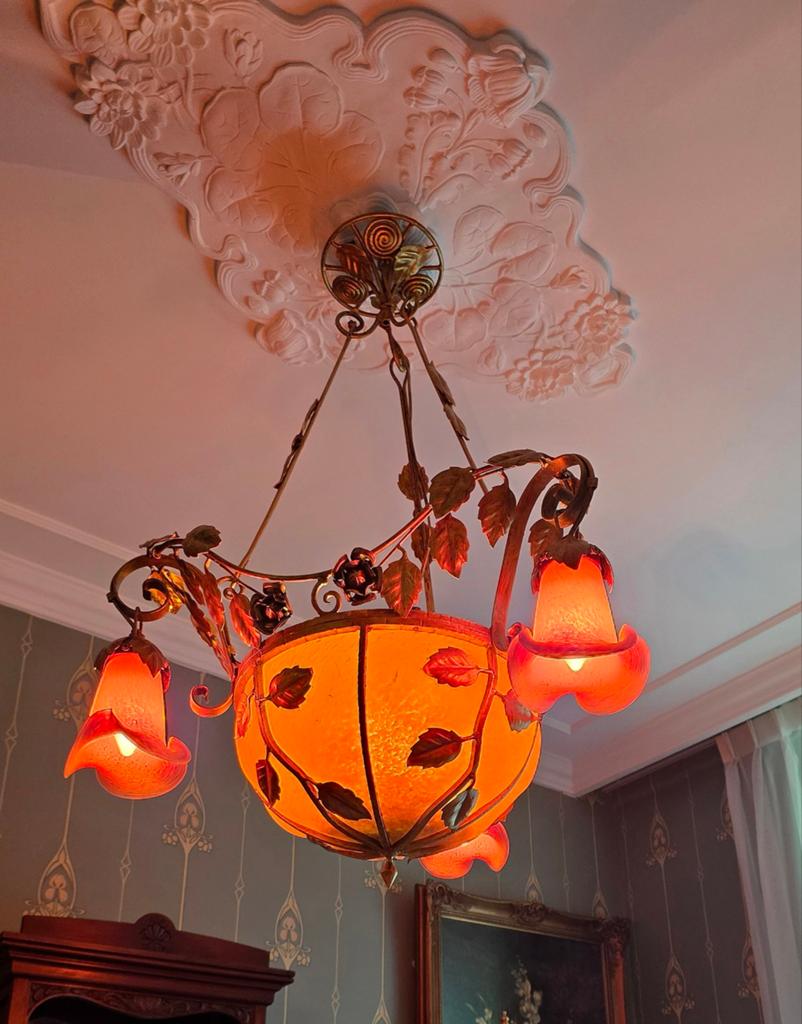 Antieke Franse Art Nouveau kroonluchter, Ophalen, Metaal