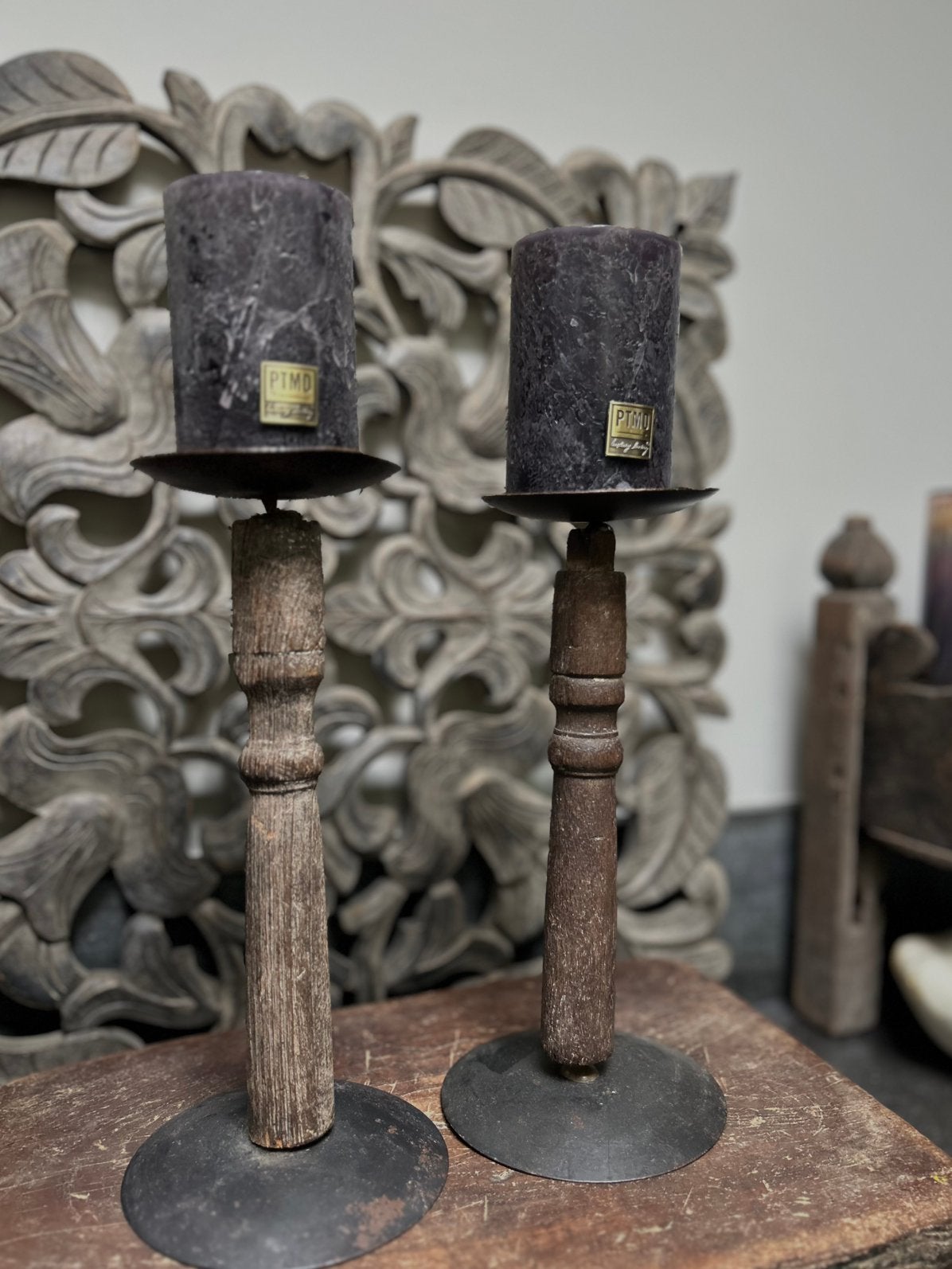 Set oude houten kandelaars india sober sleets imperfect, Ophalen of Verzenden