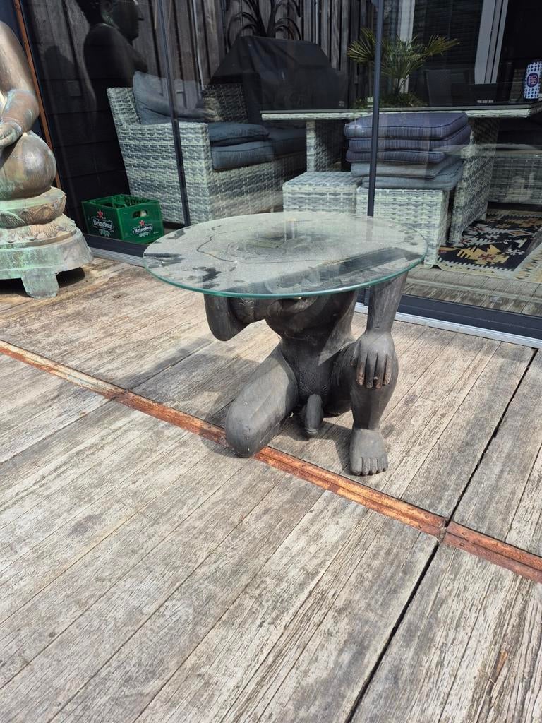 Uniek Teak Houten Bijzettafel uit Indonesië met Glasplaat, 45 tot 60 cm, Gebruikt, Rond, Ophalen of Verzenden