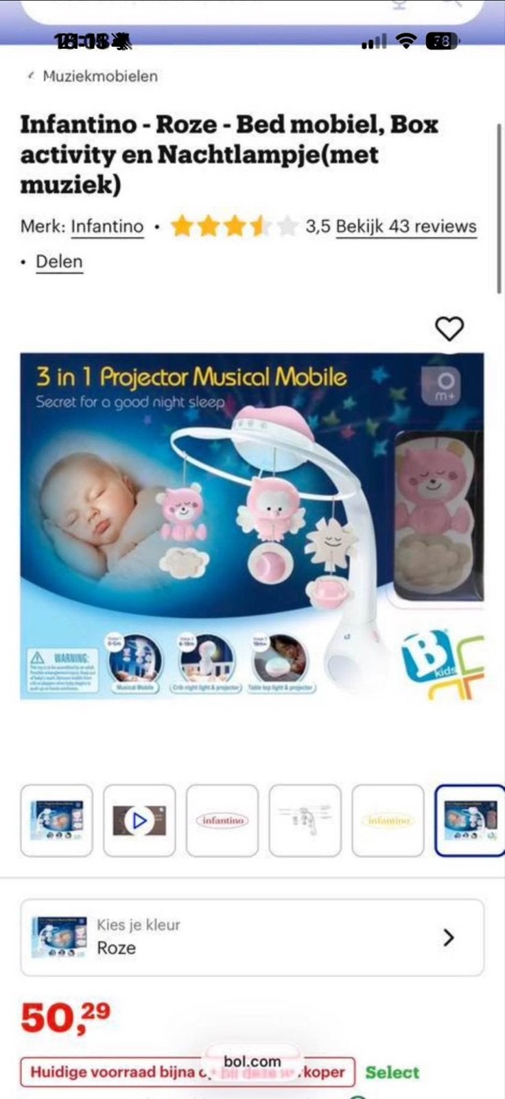 Muziek mobiel met licht en geluid - 3-in-1 projector, Kinderen en Baby's, Ophalen, Zo goed als nieuw, Mobiel, Met licht