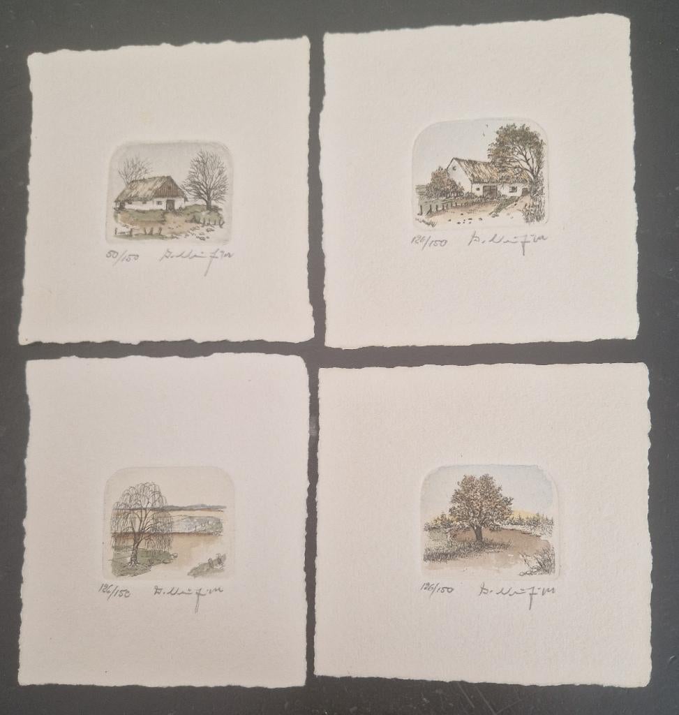 4 kleine etsen - landschappen, 10 cm, Handgekleurd, Landschap, 10 cm
