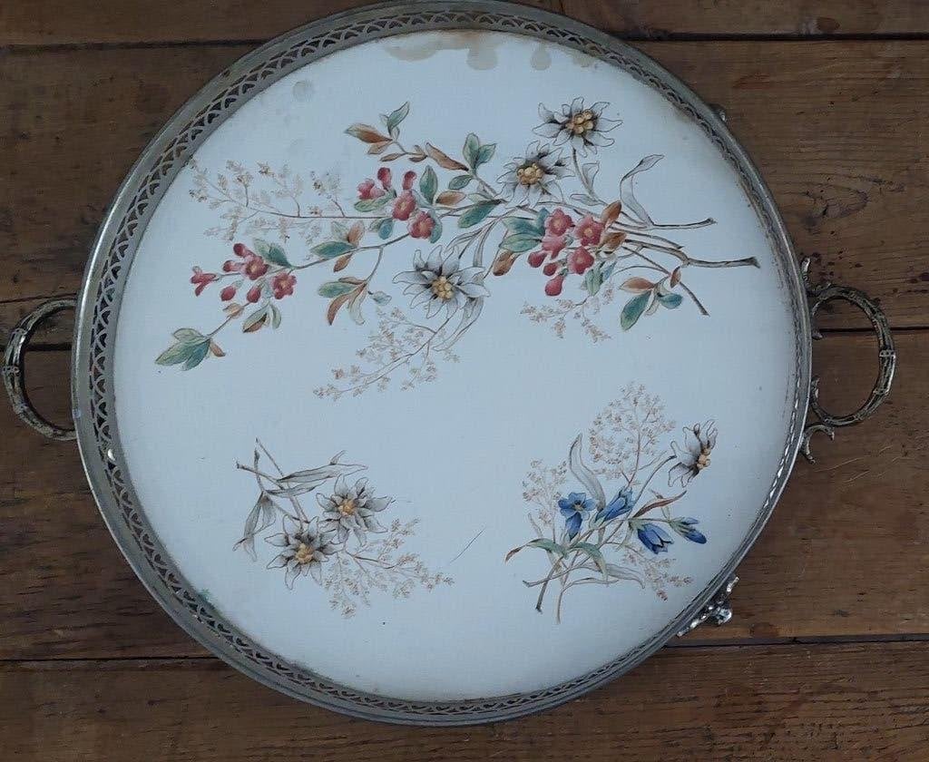 Drie antieke dienbladen met bloemmotief, Ophalen, Gebruikt, Ovaal, Metaal