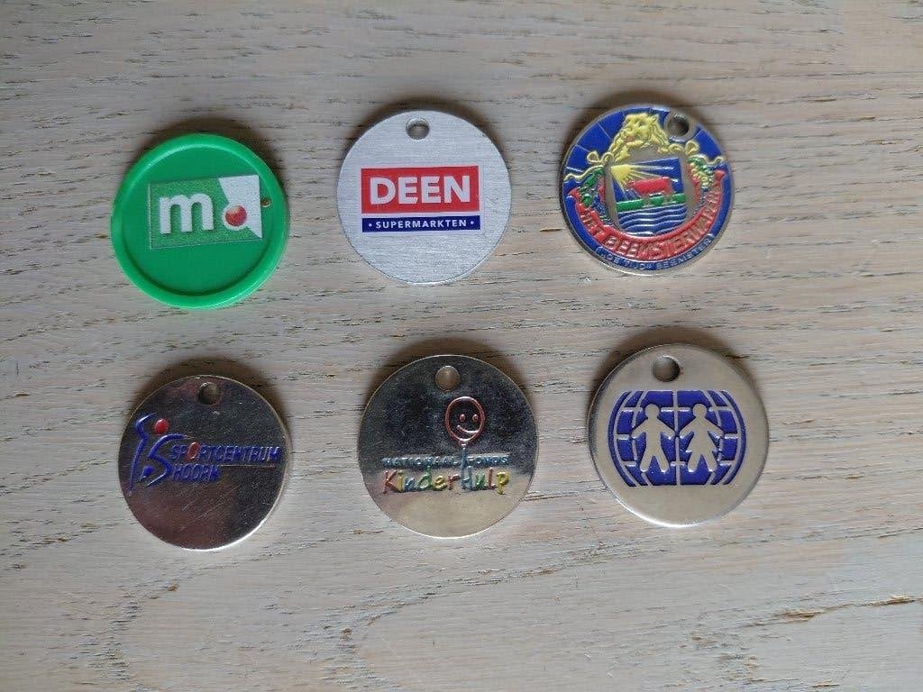 6 winkelwagenmuntjes ~ in 1 koop, Verzamelen, Winkelwagenmuntjes, Ophalen of Verzenden