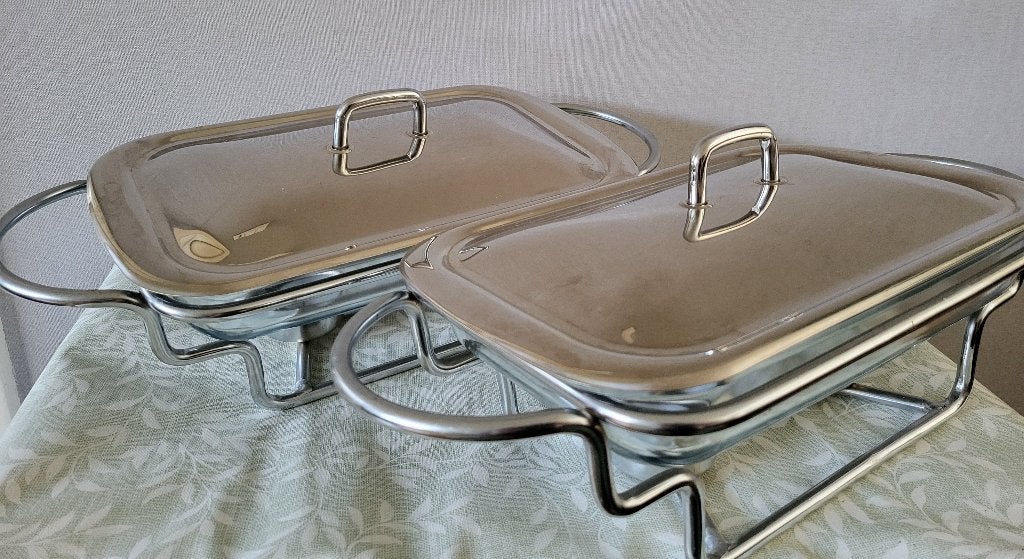 Rechaud - schotelverwarmer 2 stuks - RVS en glas, Ophalen, Overige typen, Zilver, Zo goed als nieuw