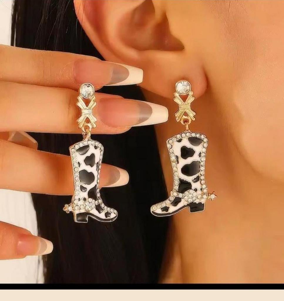 Nieuwe Cowprint Cowboy Laars Oorbellen met Strass, Overige materialen, Hangers, Zwart, Nieuw